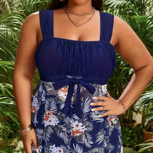 Women Plus Size Navy Blue Tankini Swimwear Bathing Suit Vacation Set 16W 20W 22W - Picture 2 of 12